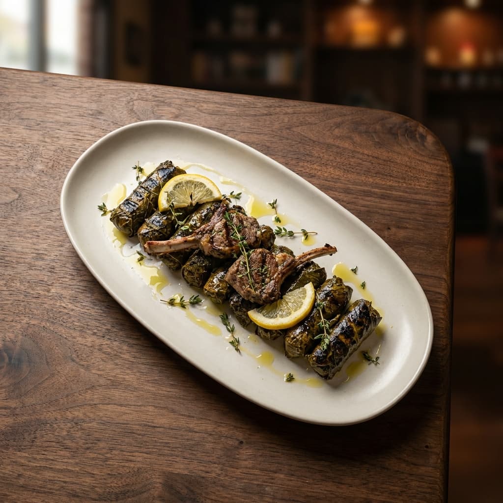 Grilled Vine Leaves Platter With Lamb Ribs